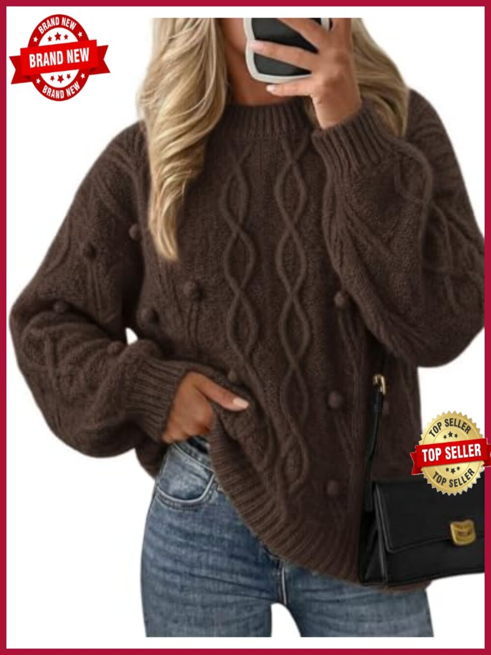 Cable Knit Oversized Pullover Sweater Loose Fit Drop Shoulder Long Sleeve Crew